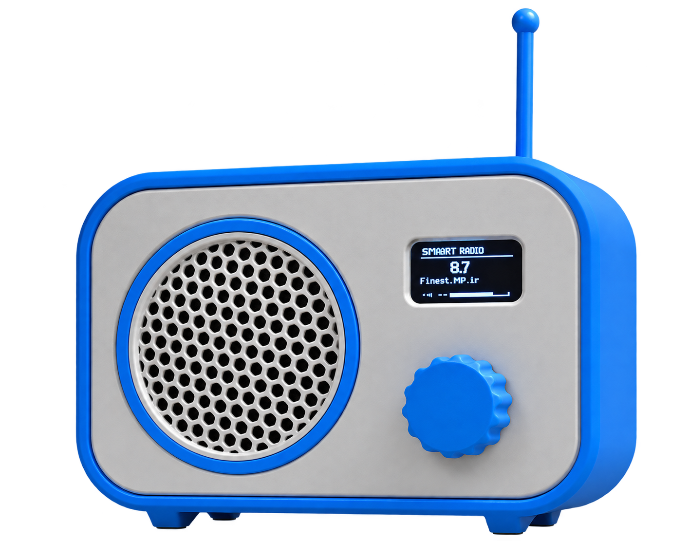Blue smart radio with a silver front and antenna in a neon-lit studio